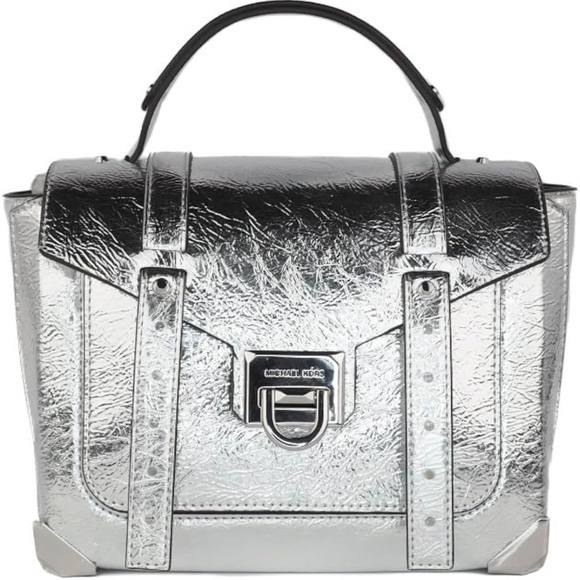 Manhattan Medium Crackled Metallic Leather Satchel Silver - Picture 1 of 11